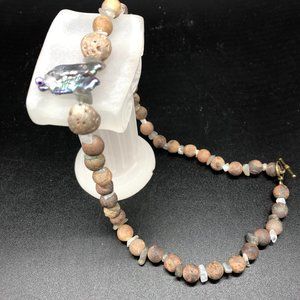 Necklace - Peacock Biwa Pearl, Moonstone, Druzy